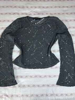 Almost Famous Charcoal Crochet Long Sleeve Top